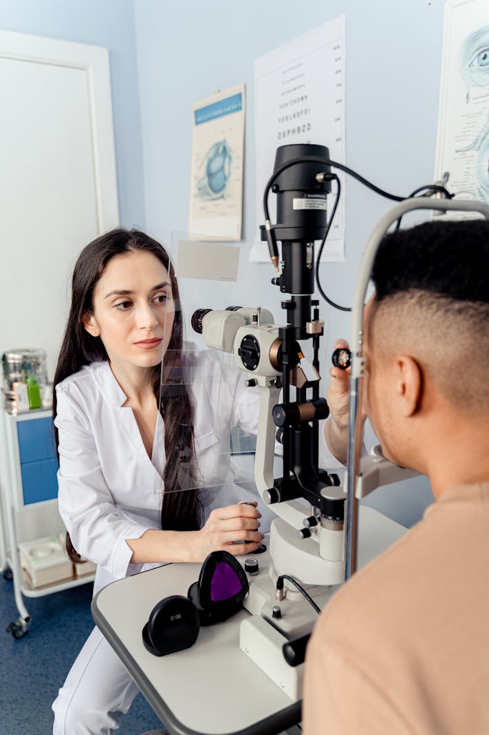 Close-up of an eye examination using an ophthalmologic device.